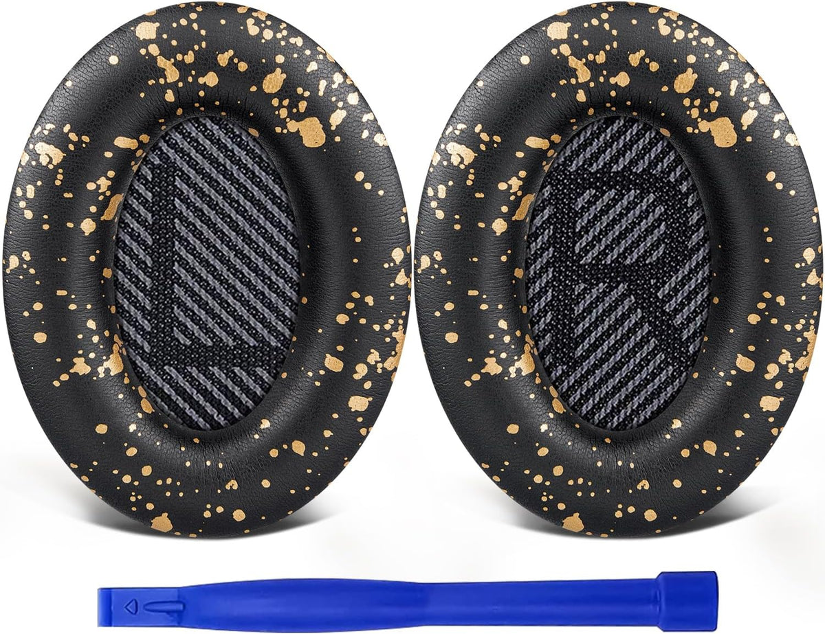 SoloWIT Replacement Earpads Cushions for Bose QuietComfort 35 (QC35) & Quiet Comfort 35 II (QC35 ii) Headphones, Ear Pads with Softer Leather, Noise Isolation Foam, Added Thickness (Black Gold)