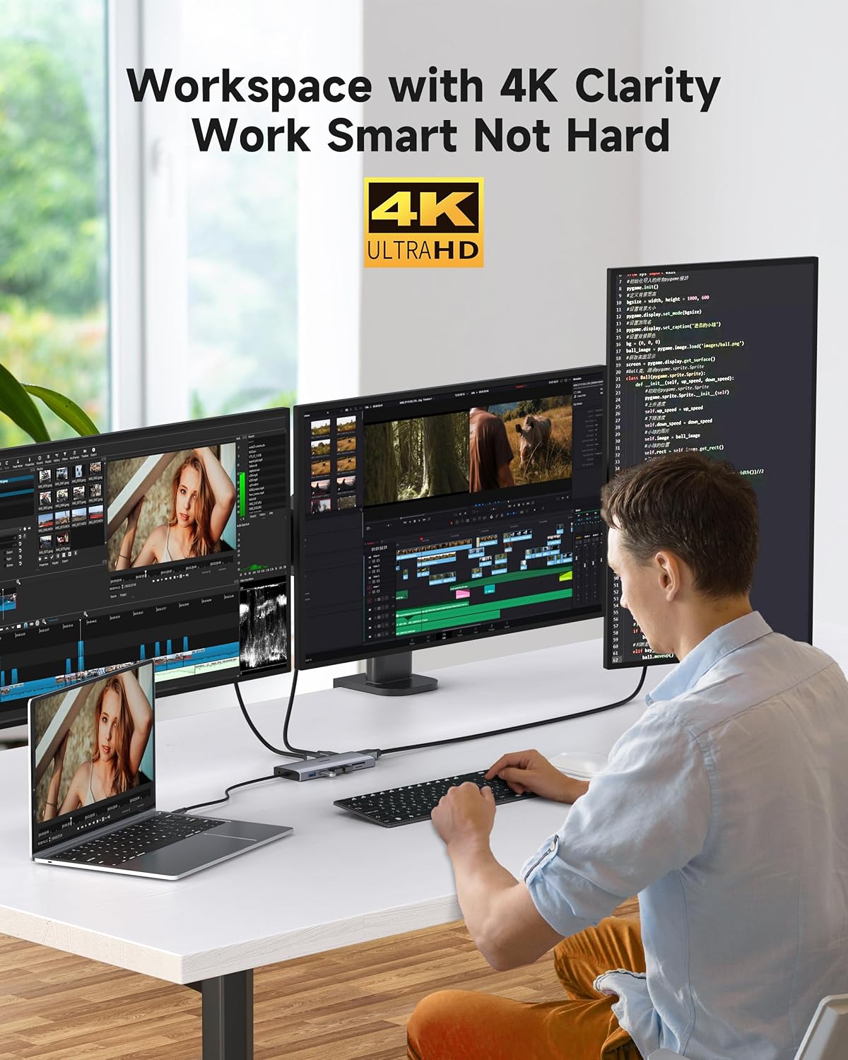 Triple Monitor Docking Station, 14-in-1 USB C Hub with DP 8K@30Hz/4K@144Hz, Dual HDMI 4K@60Hz, 100W PD, 7 USB Ports, SD/TF Card Reader, Gigabit Ethernet for MacBook & Windows Laptop