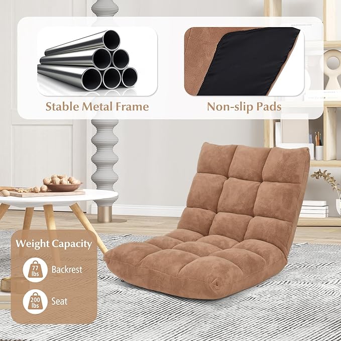 BETTARY Floor Chair with Back Support 14-Position Adjustable Lazy Floor Sofa with Memory Foam Padding Couch Recliner for Adults Folding Sleep Bed for Reading Meditating Gaming (Brown)