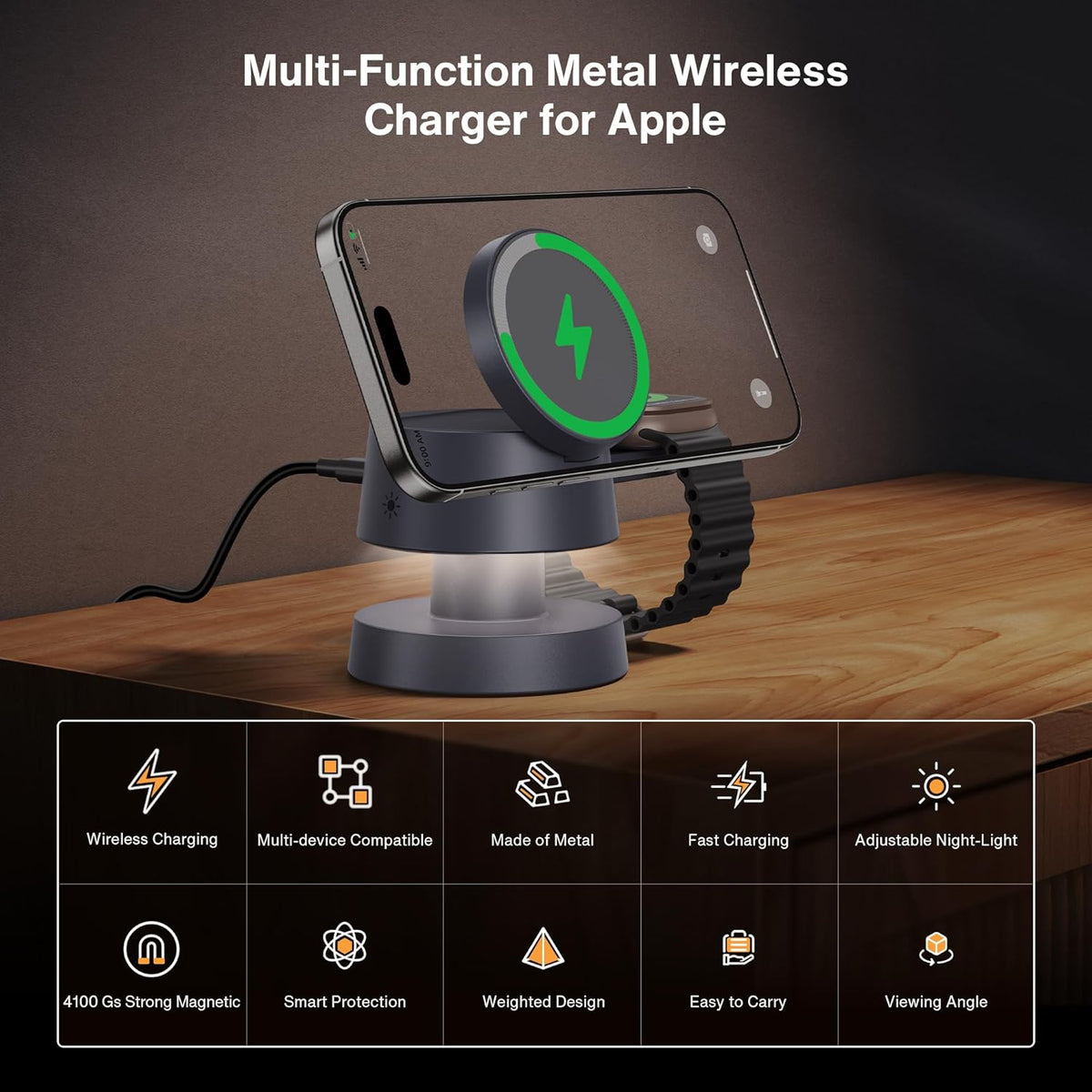 iVANKY 4 in 1 Wireless Charging Station with Mushroom Light for MagSafe Magnetic Charger, Travel Stand 3 in 1 Charge for iPhone 17-11 Pro Max Plus Air, Apple iWatch, Airpods（Includes 33W Adapter） ﻿ ﻿
