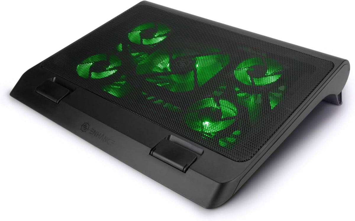 ENHANCE Gaming Laptop Cooling Pad Stand with LED Cooler Fans, Adjustable Height, & Dual USB Port for 17 inch Laptops - 5 Ultra Quiet High Performance Fans 2630 RPM & Built-in Bumpers - Green