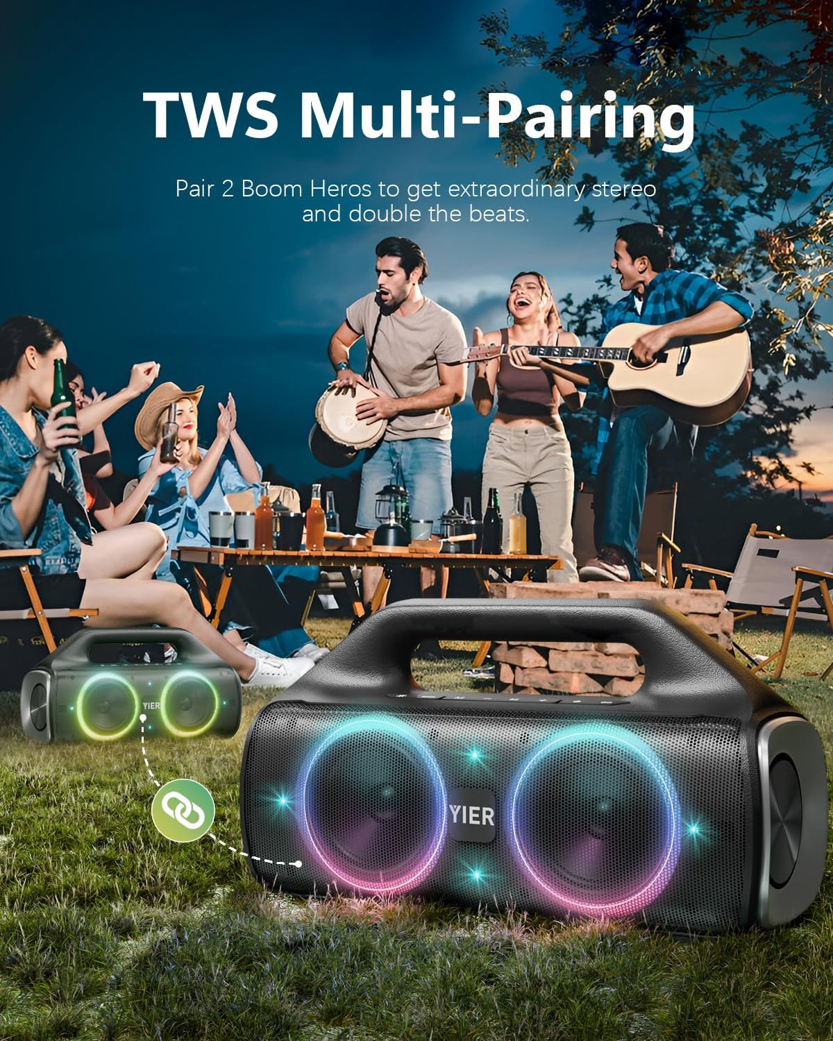 Speakers, 80w (Peak) Portable Wireless Speaker with Lights, Stereo Loud Sound, IP67 Waterproof, Deep Bass Outdoor Speakers Bluetooth 5.0 Dual Pairing for Home Party Beach Camping, Gifts