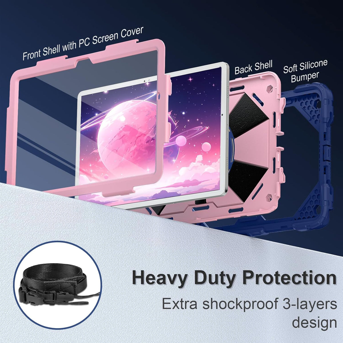 for Galaxy Tab A9 Plus Case 11 Inch, Rugged Case for Samsung Galaxy A9+ Tablet with Screen Protector 360 Rotating Stand Shoulder Strap Pen Holder, 2023 Model(SM-X210/X216/218), Navy Rose
