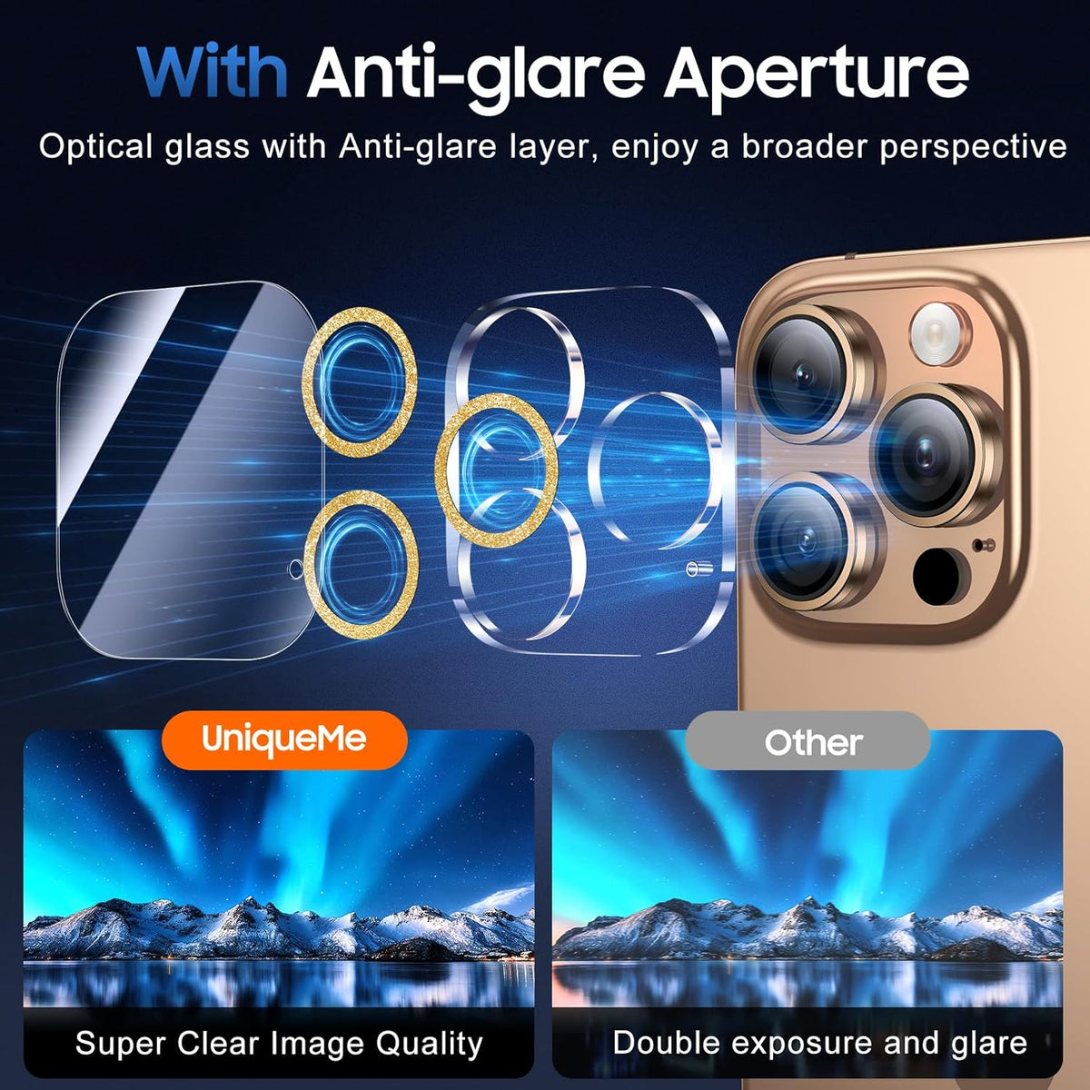 UniqueMe for 3 Pack iPhone 16 Pro/iPhone 16 Pro Max Camera Lens Protector - [Drop Protection] [Case Friendly] 9H Tempered Glass Camera Cover Screen [Update New Version] - Gold