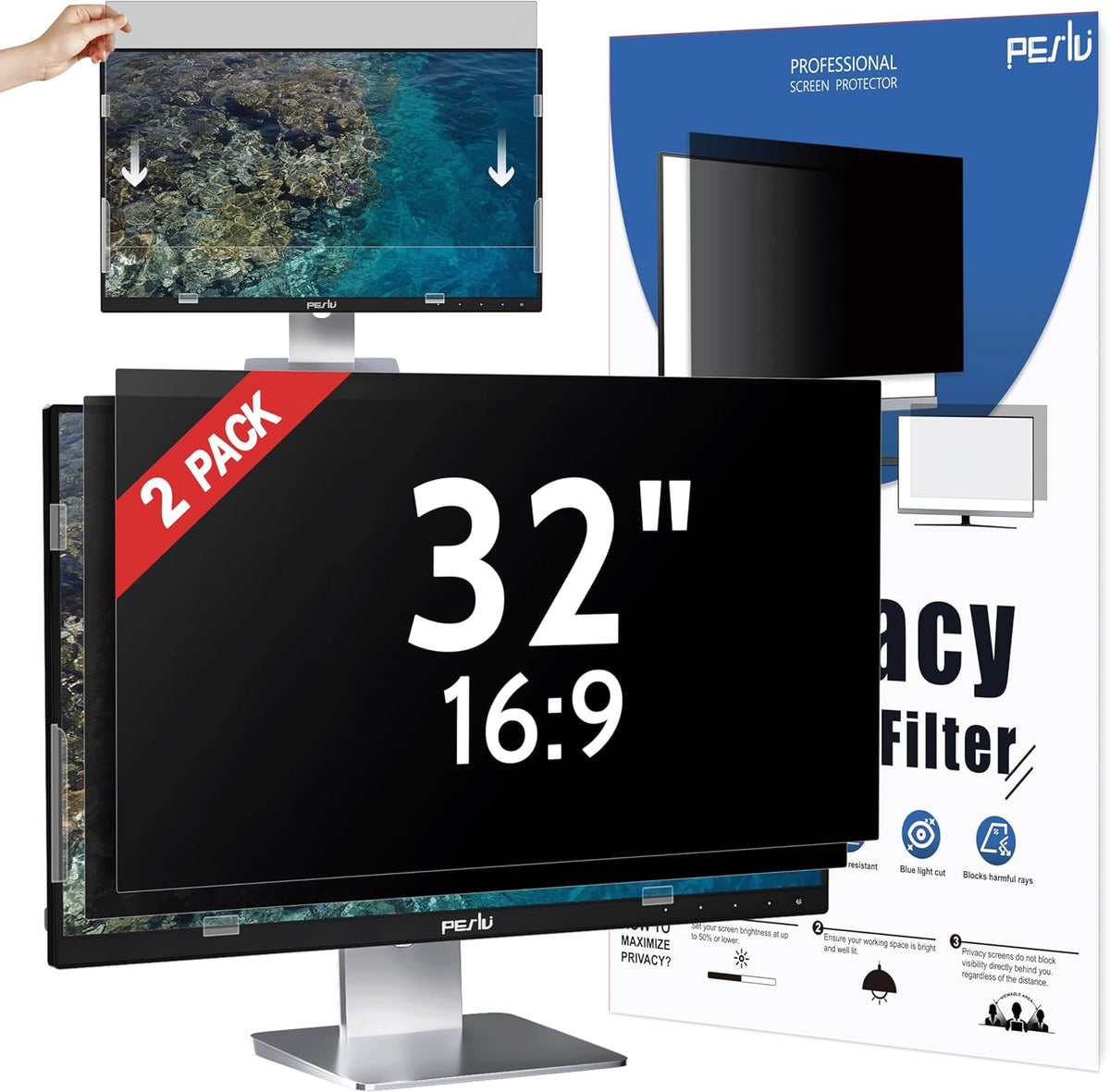 [2 Pack] 32 Inch Privacy Screen for Computer Monitor 16:9 Aspect Ratio, Eye Protection Anti Blue Light Glare Shield, 32inch Removable Black Blackout Anti Spy Desktop Security Private Filter