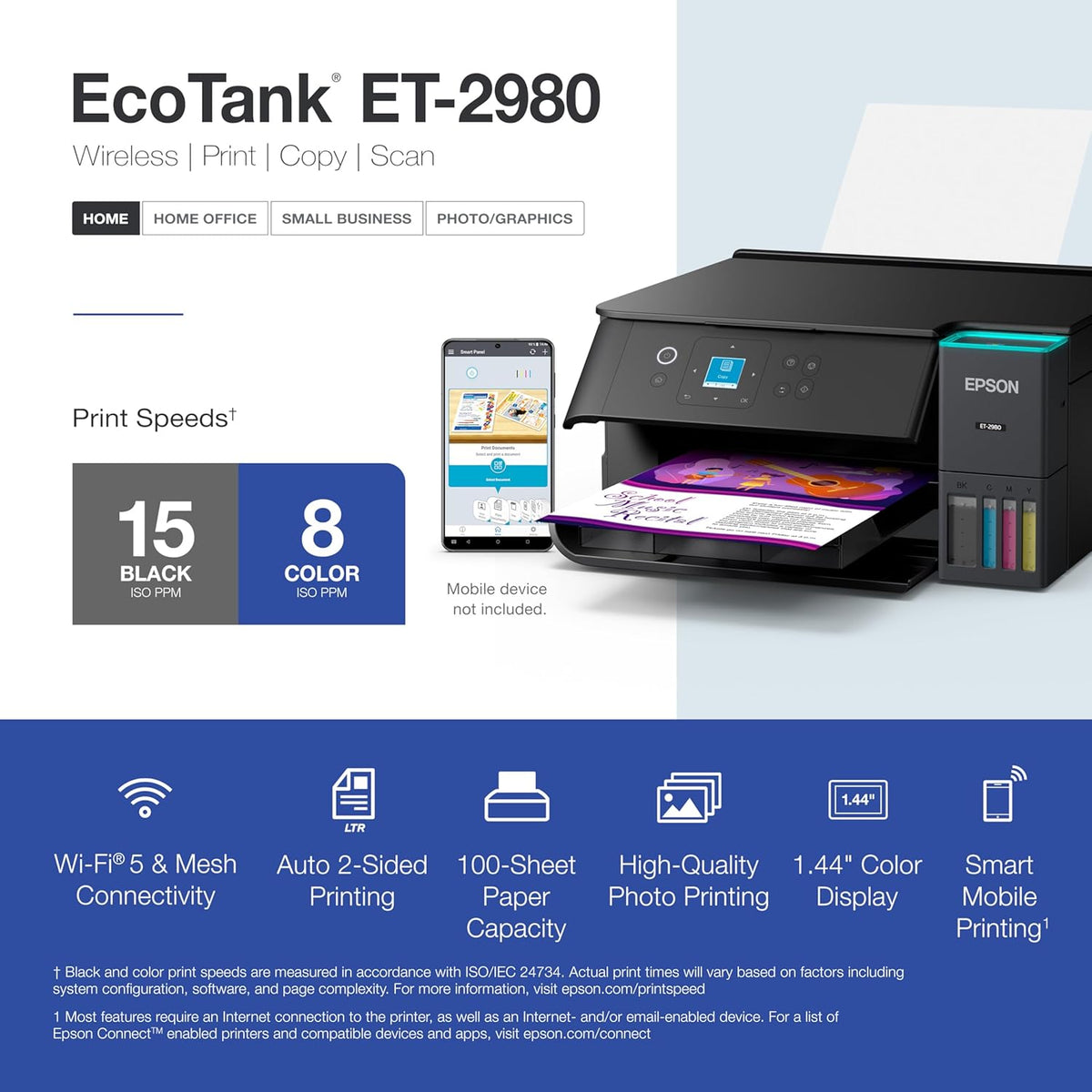 Epson EcoTank ET-2980 Wireless All-in-One Color Supertank Printer with up to 3 Years of Ink, Refillable Tanks, Perfect for Home, 15 PPM, 1.44" Color Screen, Auto 2-Sided Printing - Black