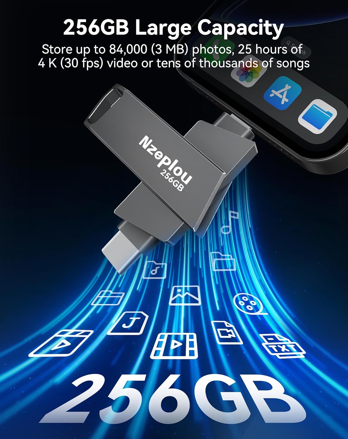 256GB Flash Drive for iPhone iPad, USB3.0 High-Speed Memory Stick No App Needed, Lightening & USB-C External Memory Storage for Photos Videos, Picture Backup Thumb Drive Plug & Play (Space Gray)