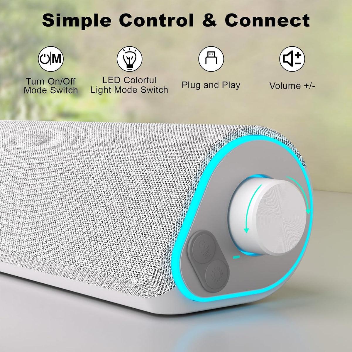 SOULION R50 Bluetooth Computer Speakers for Desktop PC Monitor White,Wired USB Powered 3.5mm Aux PC Speakers Sound Bar,4 Modes LED Lights with Switch Button,Surround Sound Soundbar for Computer