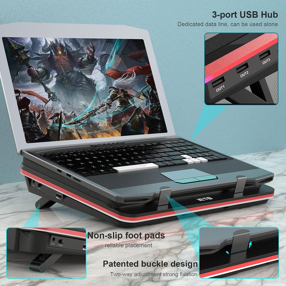 GT500 Powerful Turbo-Fan (5000 RPM) Laptop Cooling Pad with Infinitely Variable Speed,Seal Foam for Rapid Cooling Gaming Laptop,13-17.3inch Laptop Cooler with 3-Port USB Hub