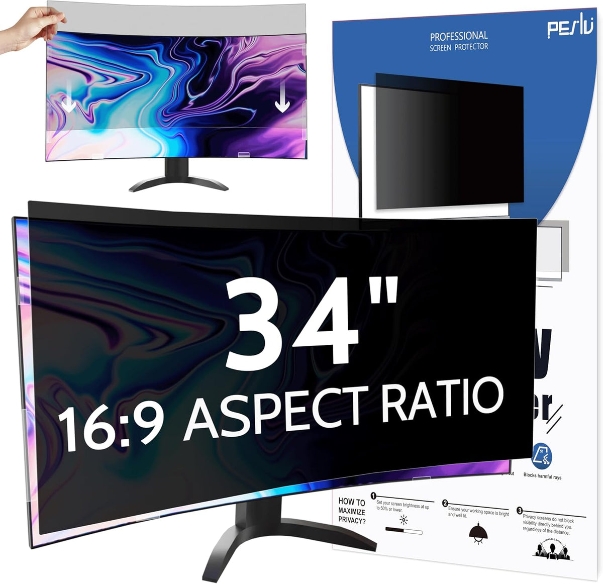 Computer Privacy Screen 34 Inch for 21:9 Curved Monitor, Removable 34inch Anti Blue Light Anti Glare Monitor Privacy Filter Shield