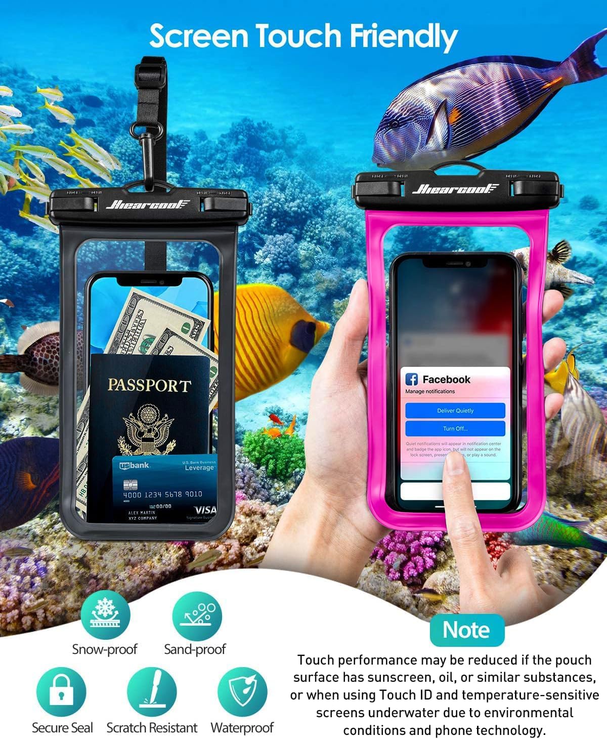 Hiearcool Waterproof Phone Pouch,Underwater Phone Cases Compatible for iPhone 16 15 14 13 Pro Max,Waterproof Dry Bag for Cruise Travel Essentials Phone Water Protector Pouch-Black&Bright Red-2Pack