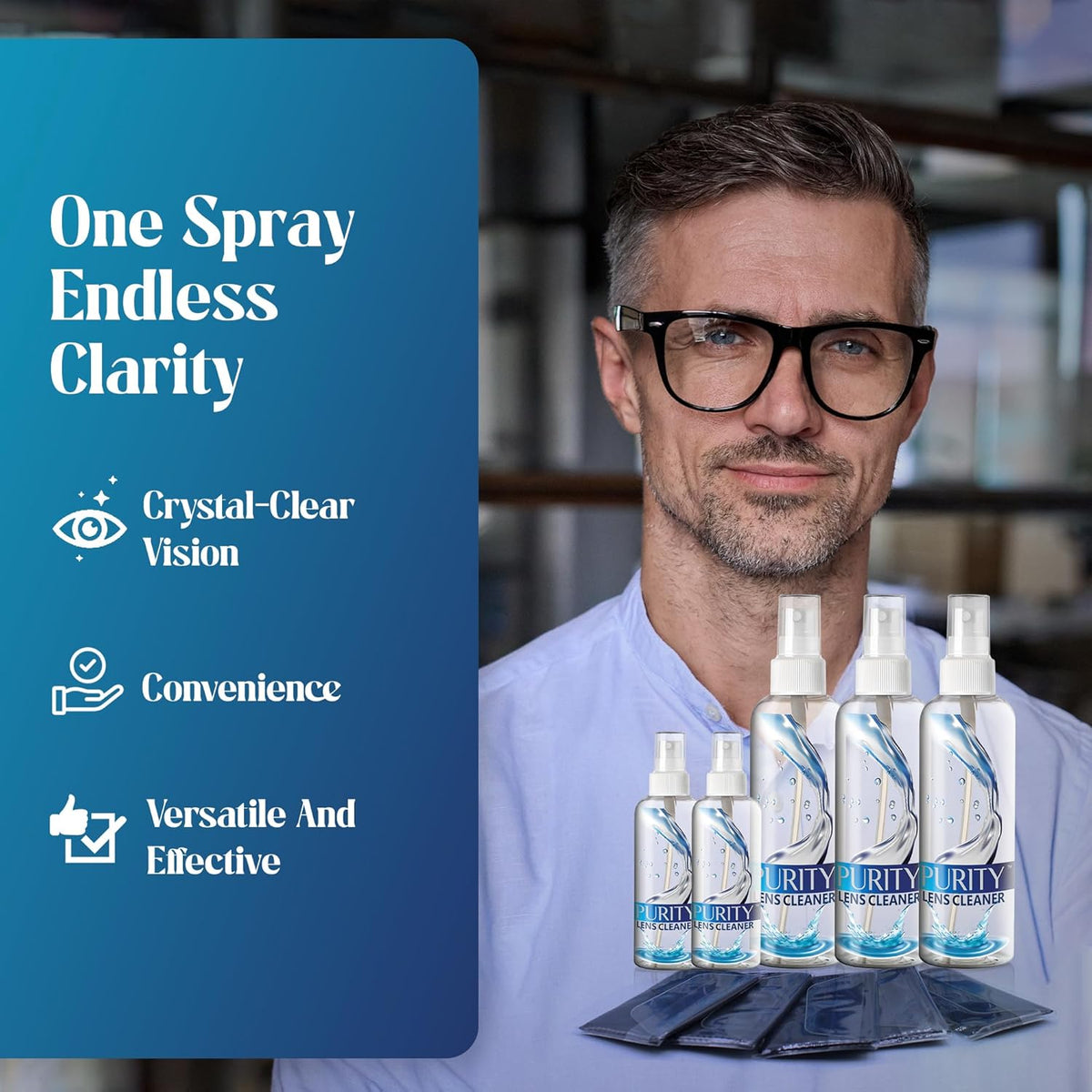 Purity Eyeglass Cleaner Mega Pack - Multi-Size Lens Cleaner Kit - 2x2oz, 3x8oz Bottles + 5 Black Premium Microfiber Cloths - Safe for All Lenses, Eyeglasses, and Screens - Streak-Free Formula