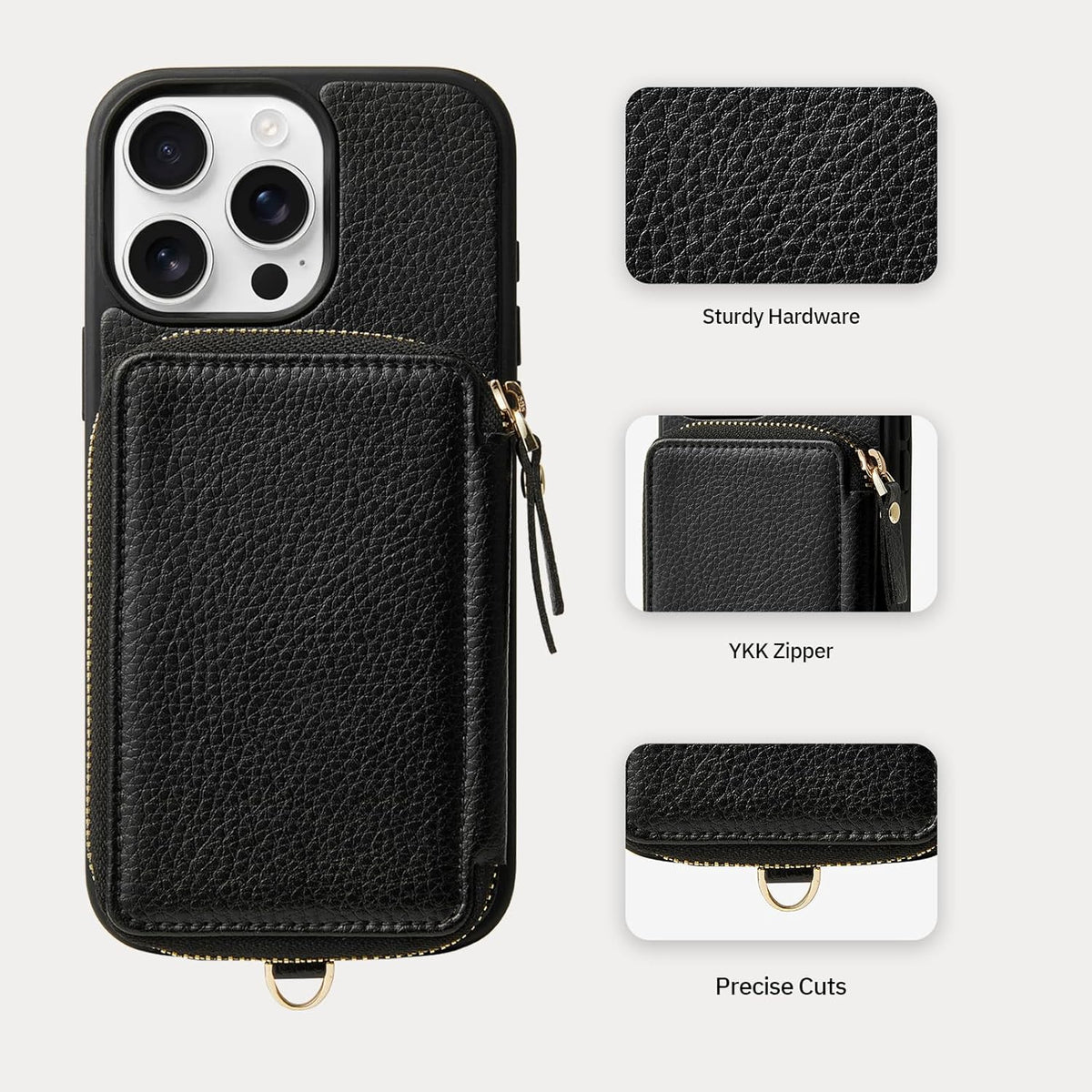 ZVE Wallet Case for iPhone 15 Pro, Phone Case with Card Holder with Wrist Strap RFID Blocking Zipper Leather Cover for Women for iPhone 15 Pro, 6.1"(2023) - Black