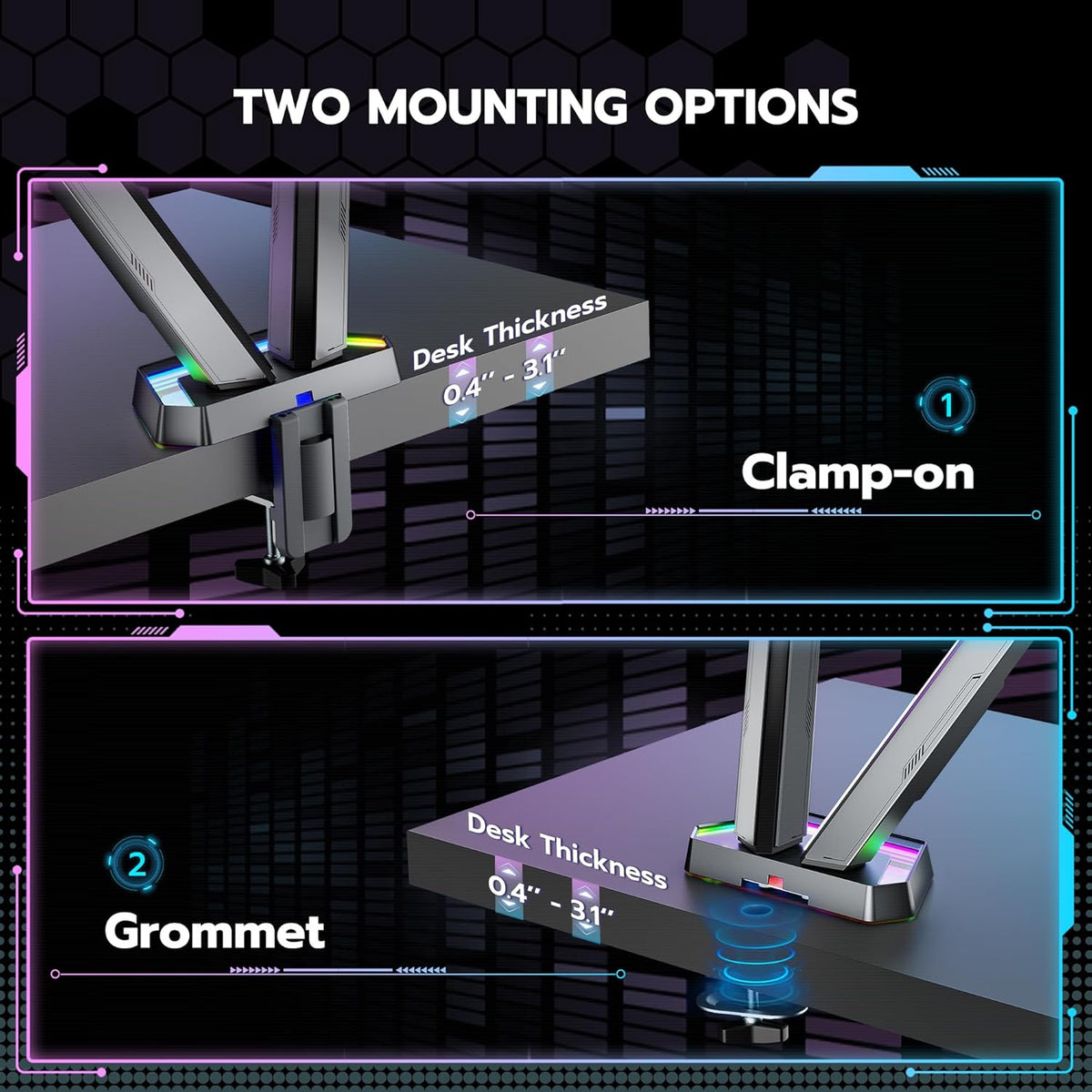 ARES WING RGB Dual Monitor Arm for 17-38" Ultrawide Screens, Holds 35.2lbs, Heavy Duty Dual Monitor Stand for Desk, Adjustable Double Mount with Clamp & Grommet Base, 75/100 VESA Mount, Gray