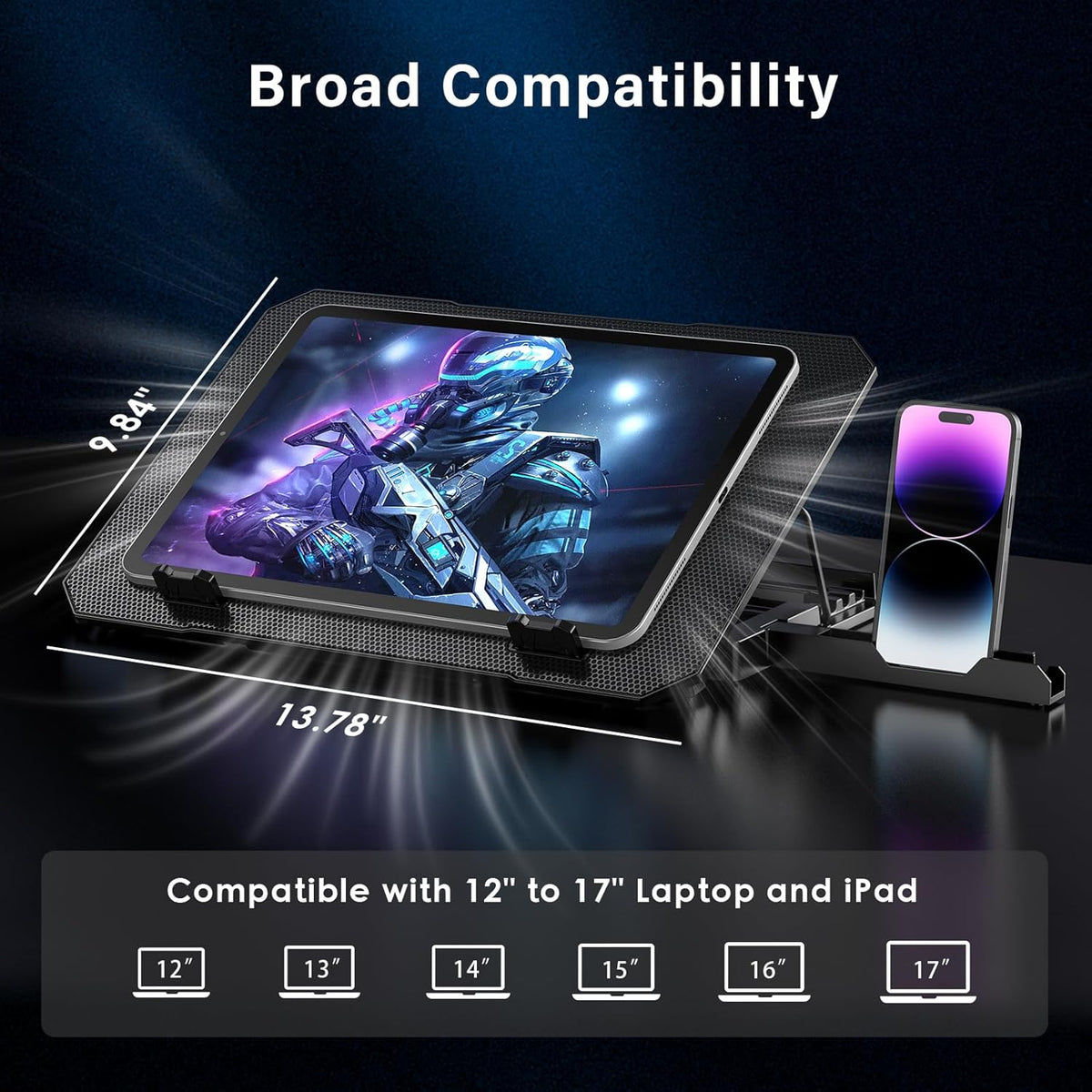 Laptop Cooling Pad, Laptop Cooler 6 Quiet Fans for 12"-17" Laptops, Laptop Cooler Stand with Phone Stand, Gaming Laptop Fan Cooling Pad Slim Portable USB Powered with 5 Angle Adjustable, 2 USB Ports