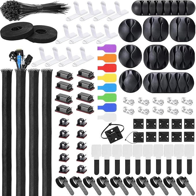 Ditar Cable Management Kit - 4 Cable Sleeve, 57 Self Adhesive Cable Clips, 12 Hanging Strips, 12 Cable Organizer Straps and 100 Fastening Cable Ties for TV Computer Under Desk (Black and White)
