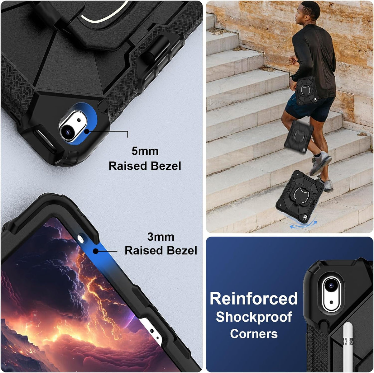 Case for iPad (A16) 11th Generation 11 Inch (2025) / iPad 10th Generation Case 10.9 Inch (2022) with 360° Rotating Stand Screen Protector Pen Holder Shoulder Strap, Black