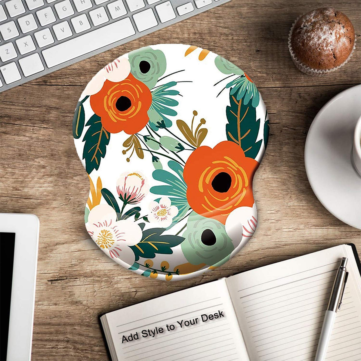 ITNRSIIET Ergonomic Mouse Pad with Gel Wrist Support Small Wrist Rest Smooth Surface Non-Slip PU Base Comfortable Office Supplies Pain Relief, 8.7 x 7.2 inches, Orange Flower