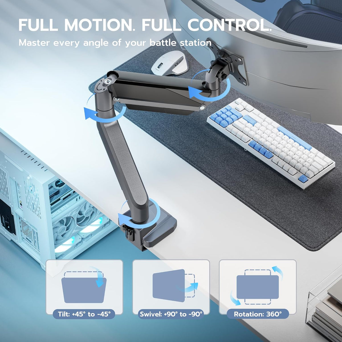 ARES WING Single Monitor Arm, Heavy Duty Adjustable Monitor Arm for 13"-45" Screens with USB, Gas Spring Desk Mount Stand with C Clamp/Grommet Mounting Base up to 40lbs Computer, Gray