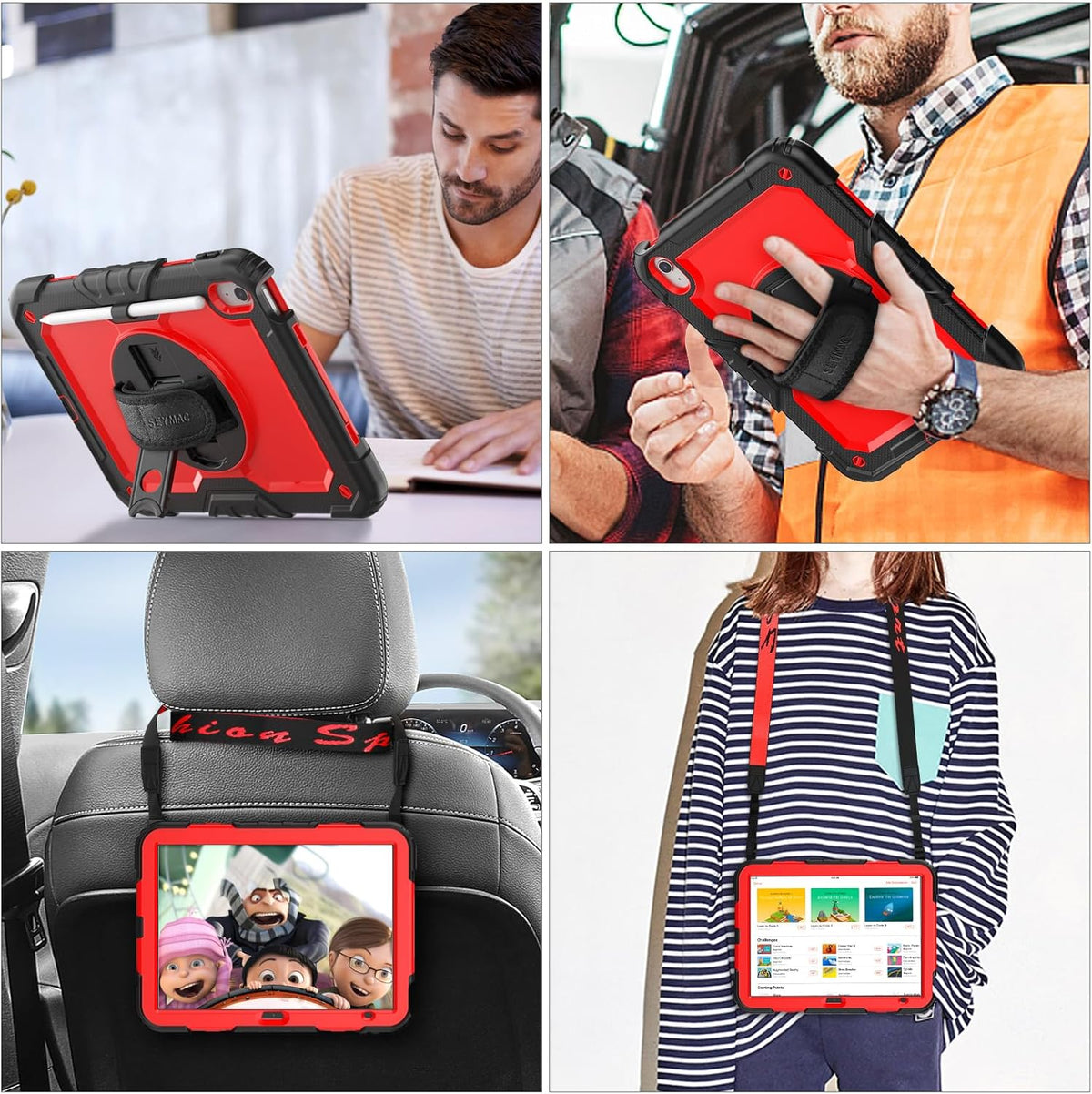 SEYMAC stock Case for iPad (A16) 11th/10th Generation 11''/10.9'' 2025/2022, Full-Body Drop Protection Case with Screen Protector &360° Rotate Hand Strap/Stand, Red+SiliconeBlack