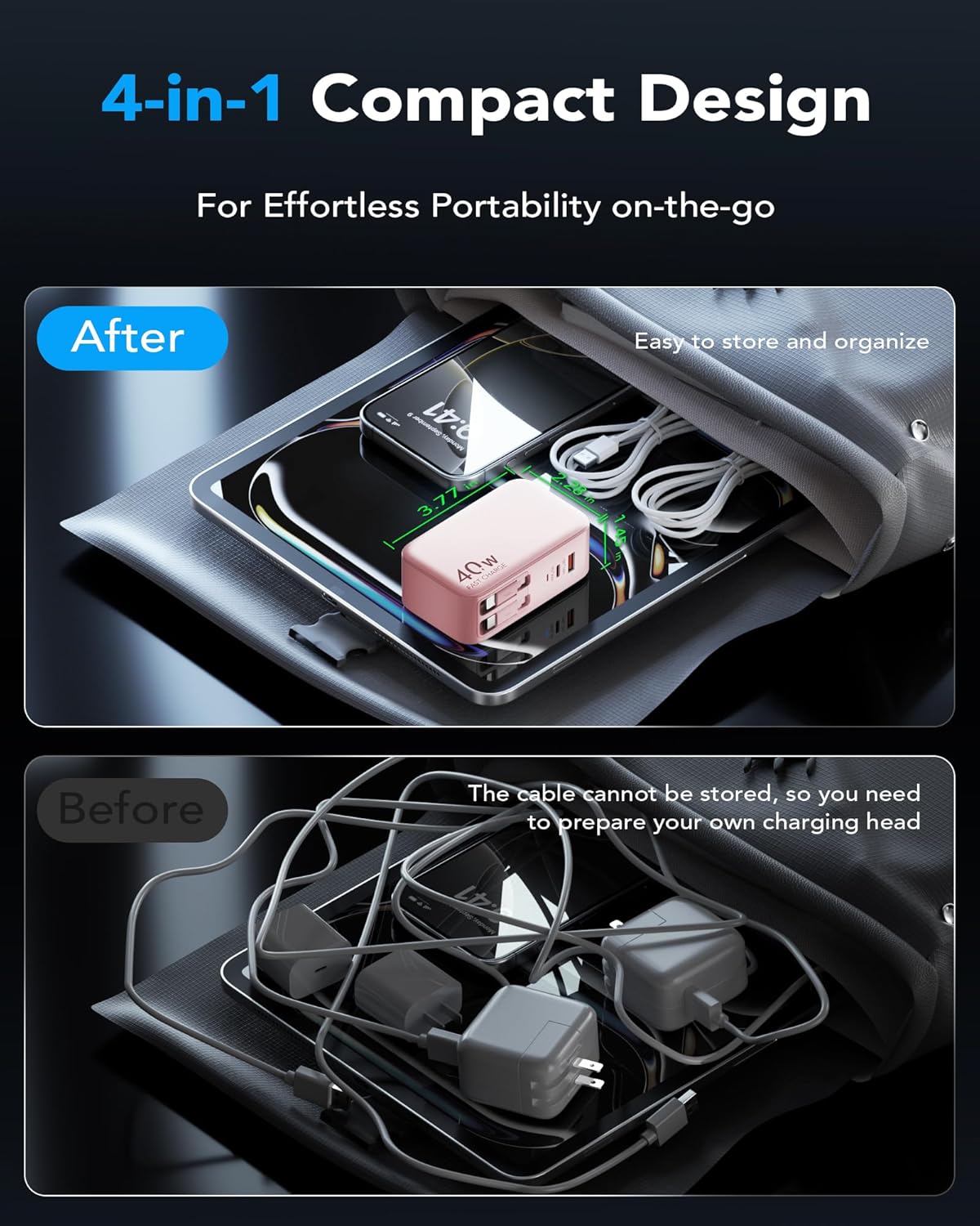4-in-1 Retractable Gan Wall Charger Plug,Travel Essentials Brick Multiport USB Ports,3ft Lightening and Type c Cables,40W Multi Fast Charging Foldable Block for iPhone 16/15/14/13,iPad,Galaxy,Pixel