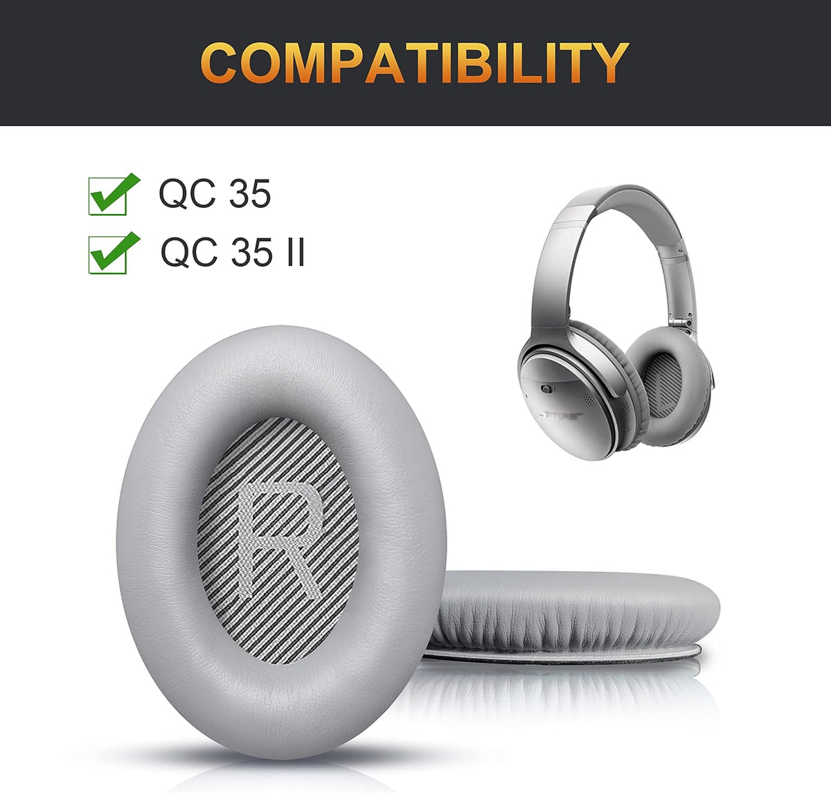 BINGLE Upgraded QC35 Replacement Ear Pads for Bose & Sound Insulation Bose QC35 ii Replacement Ear Pads, Added Thickness QC35 Replacement Headphone Pads with Soft Leather, Memory Foam Gray