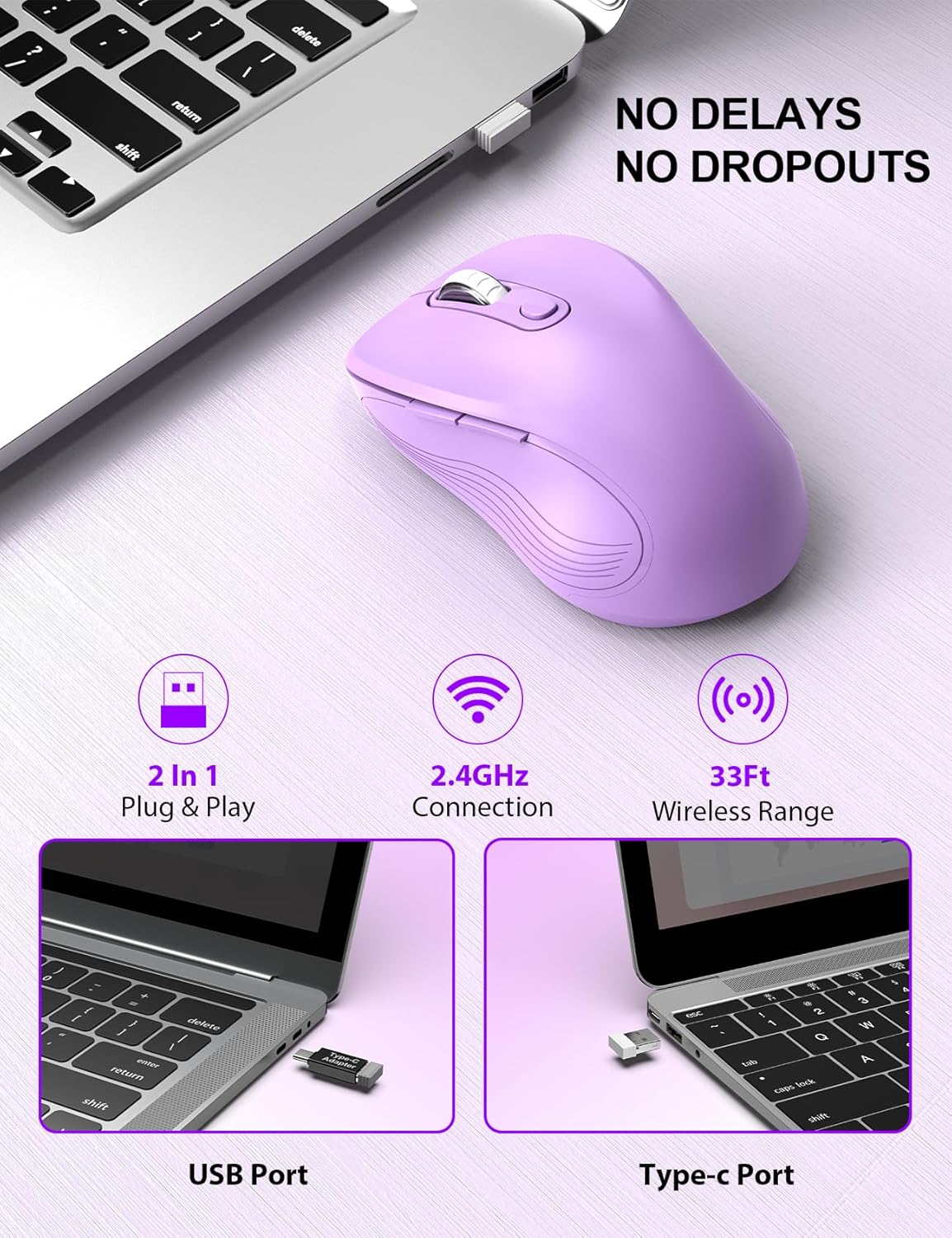 Trueque Wireless Mouse for Laptop, 2.4GHz Ergonomic Computer Mouse with Back & Forward Buttons, 3-Level DPI, 6 Buttons, Optical USB Cordless Mice for Windows Chromebook MacBook PC (Lavender)
