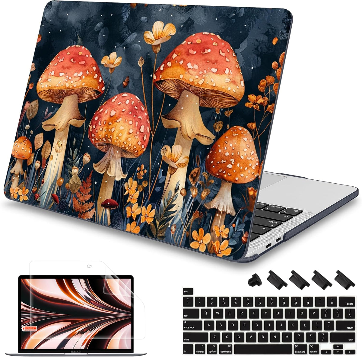 Mektron Case for MacBook Pro 16 Inch A2141 Cover 2019 Release 16" with Liquid Retina Display/Touch ID, Plastic Hard Shell with Keyboard Skin & Screen Protector & Dust Plug, Mushrooms