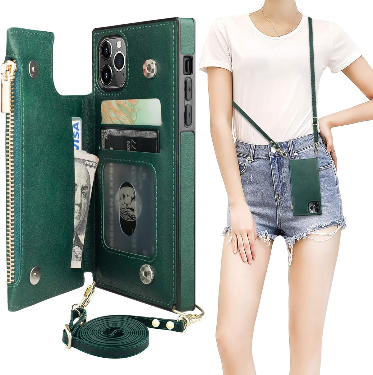 Bocasal Crossbody Wallet Case for iPhone 11 Pro with Card Holder,Zipper Card Slot Protector Shockproof Purse Cover with Removable Cross Body Strap 5.8 Inch(Green)