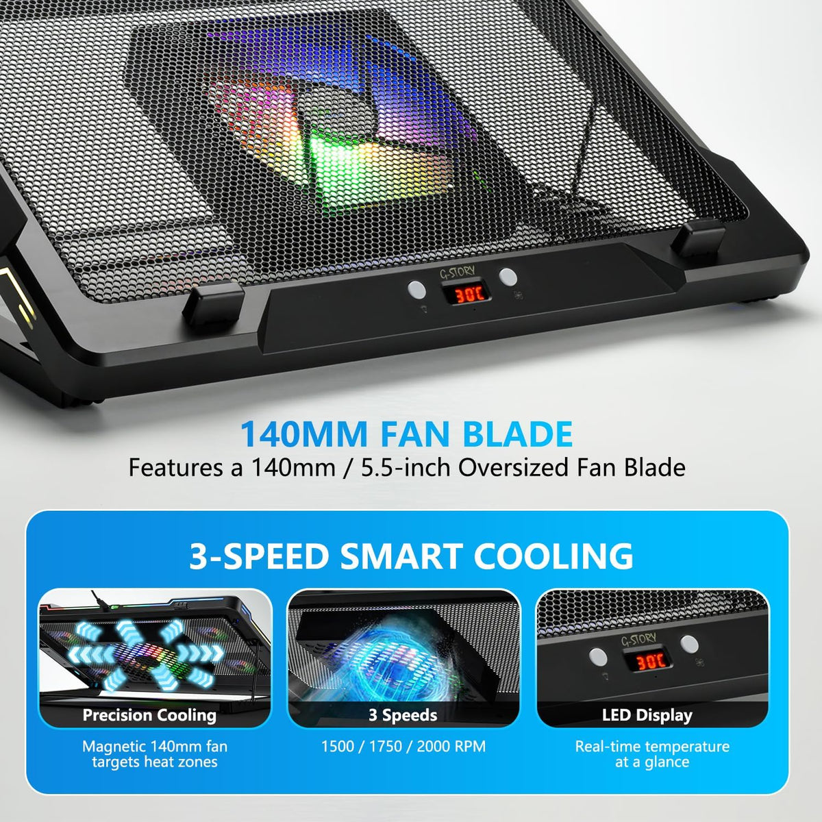 G-STORY Gaming Laptop Cooling Pad with Movable Fan and Automatic Speed Adjustable by Temperature,Music Sync RGB Light,Low Noise Laptop Cooler 3 Speed 1500/1750/2000RPM(140MM) Stand 12–18" Notebook