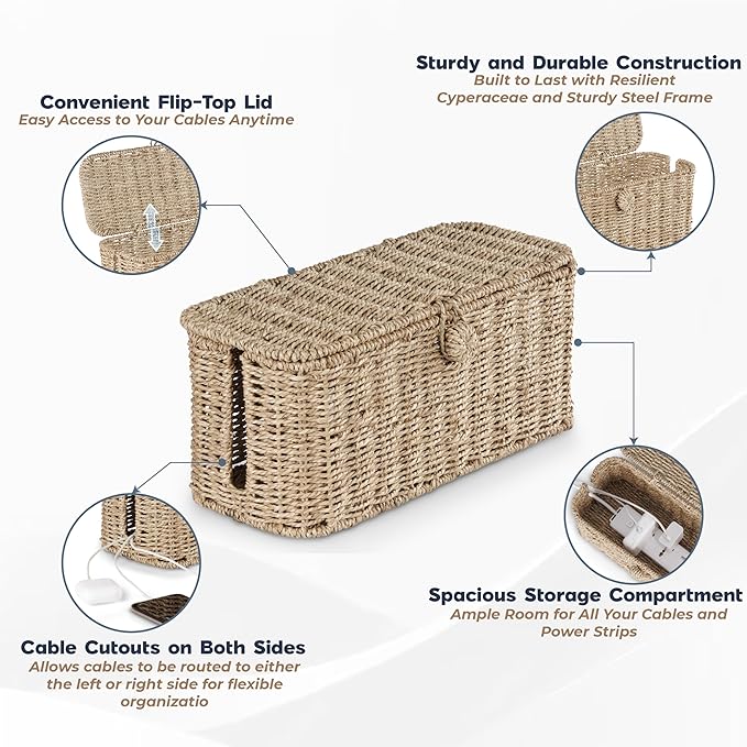 2-Pack Large Cable Management Box, Natural Rattan Cable Cord Organizer Boxes for Power Strip – 2 Open Slots Cords Hider Box for TV Wires, Computer, Router, USB Hub and Under Desk Power Strip