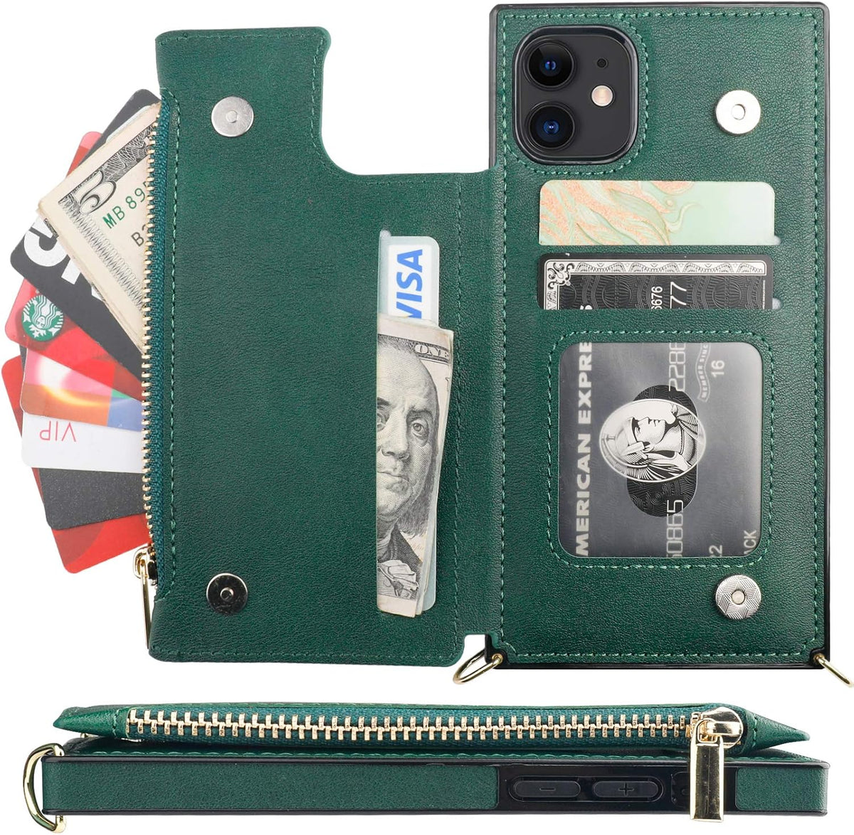 Bocasal Crossbody Wallet Case for iPhone 11 with Card Holder,Zipper Card Slot Protector Shockproof Purse Cover with Removable Cross Body Strap 6.1 Inch(Green)