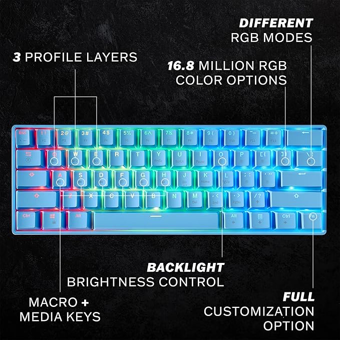 HK Gaming GK61 Mechanical Gaming Keyboard 60 Percent | 61 RGB Rainbow LED Backlit Programmable Keys | USB Wired | for Mac and Windows PC | Hotswap Gateron Optical Brown Switches | Blue