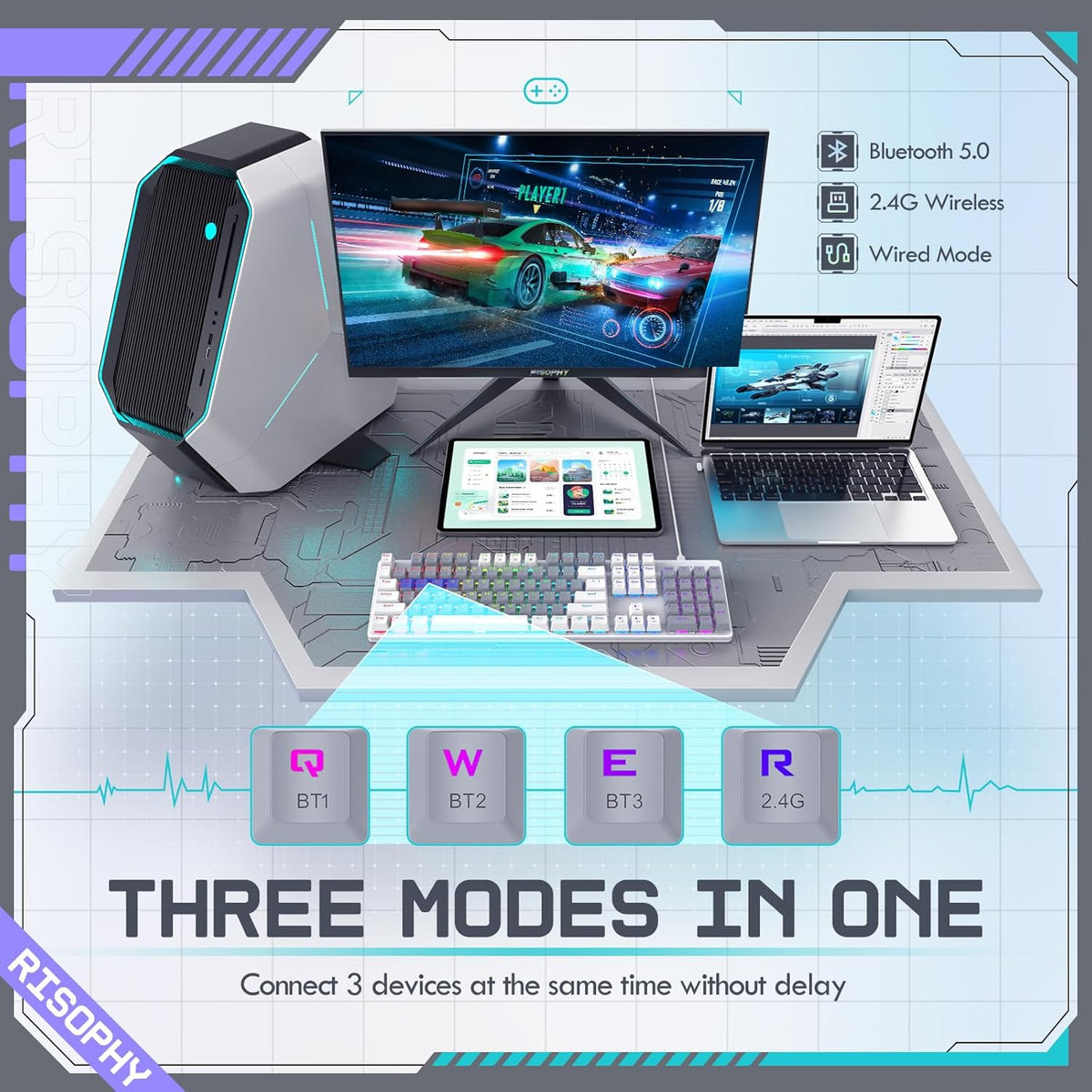 Wireless Mechanical Keyboard, Triple Mode 2.4G/USB-C/Bluetooth Gaming Keyboard, 104 Keys Programmable, Customize RGB Backlit, Red Switch, Bicolor PBT Keycaps, Rechargeable Wired for Laptop PC