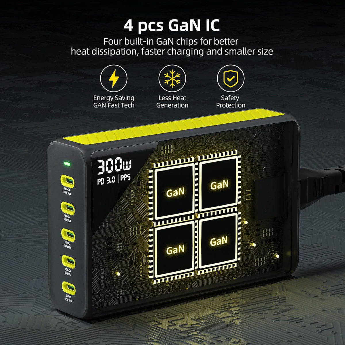HUNDA 300W USB C Charger GaN Charging Station Desktop 5 Ports PD 100W Fast Power Adapter Support PD3.0 /PPS 45W /QC5 for MacBook Pro/Air, iPhone 15 Pro,Samsung,HP,Dell etc