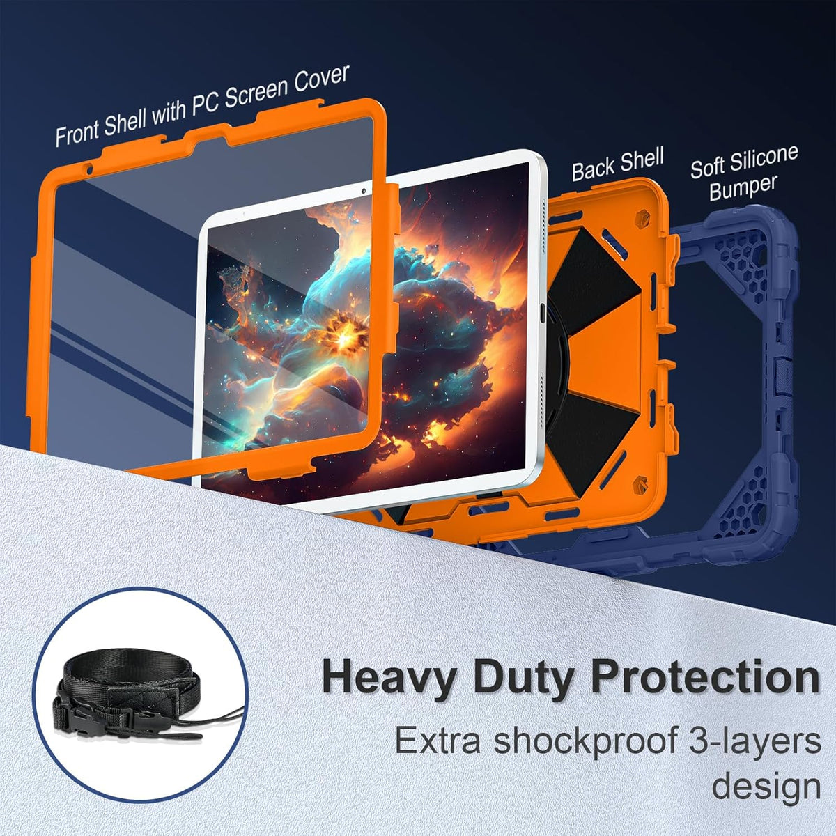 Case for iPad (A16) 11th Generation 11 Inch (2025) / iPad 10th Generation Case 10.9 Inch (2022) with 360° Rotating Stand Screen Protector Pen Holder Shoulder Strap, Navy Orange