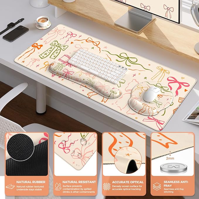 iCasso Desk Pad Mat Large Mouse Pad and Keyboard Wrist Rest Set Desk Protector Mat4in1 Ergonomic Carpal Tunnel Keyboard Pad with Wrist Support for Desktop Home Office Computer (Colorful Ribbon)