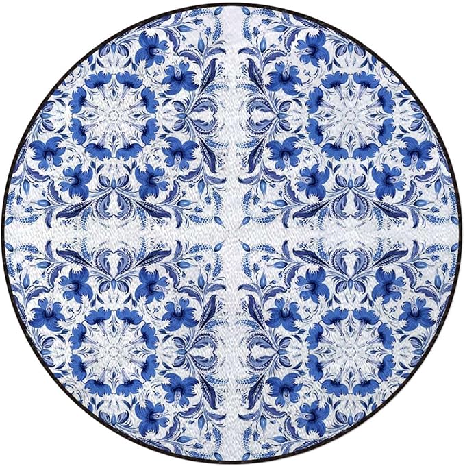 Blue Round Rug Nursery Rug for Bedroom Playroom Non Slip Educational Playmat Round Circle Carpet Porcelain Style Traditional Pattern Colors Diameter 39.4 in