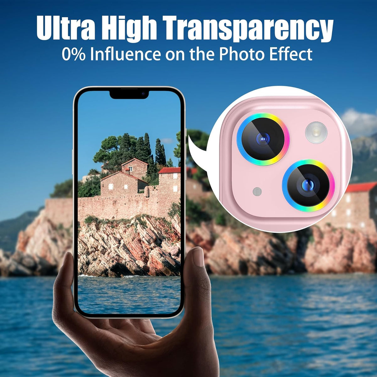 AGVEE 3+3 6 Pack for iPhone 15 6.1" / 15 Plus 6.7" Camera Lens Cover Protector, Metal Ring 9H Tempered HD Glass Camera Cover Protector Film, Pink