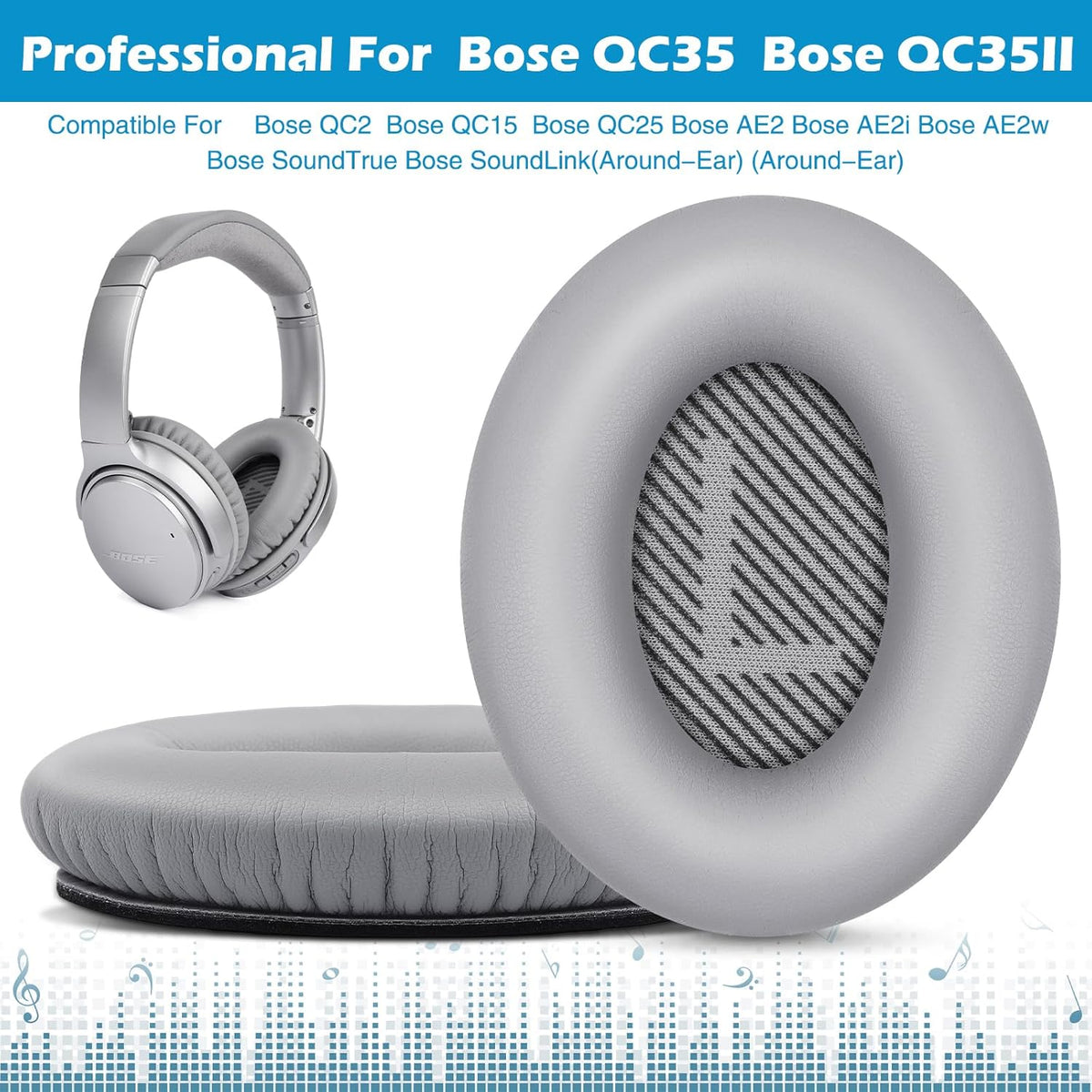 Ear Pads for Bose QuietComfort 35 ii, Premium Softer Leather Replacement Pads for Bose QC35 QC35ii Headphones Ear Pads Quiet Comfort, Noise Isolation Foam, Added Extra Thickness (Silver)