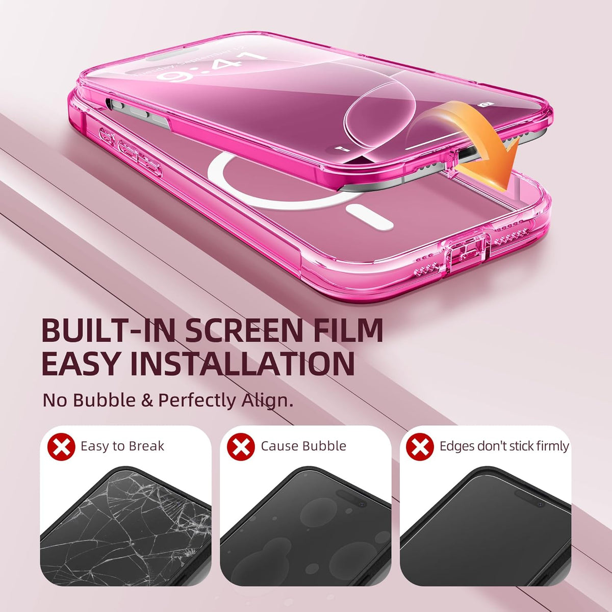 BERFY Magnetic for iPhone 16 Pro Case, Compatible with MagSafe, [Built-in 9H Tempered Glass Screen Protector & Upgraded Camera Protection] Full Body Shockproof Phone case for 16 Pro 6.3", Bright Pink