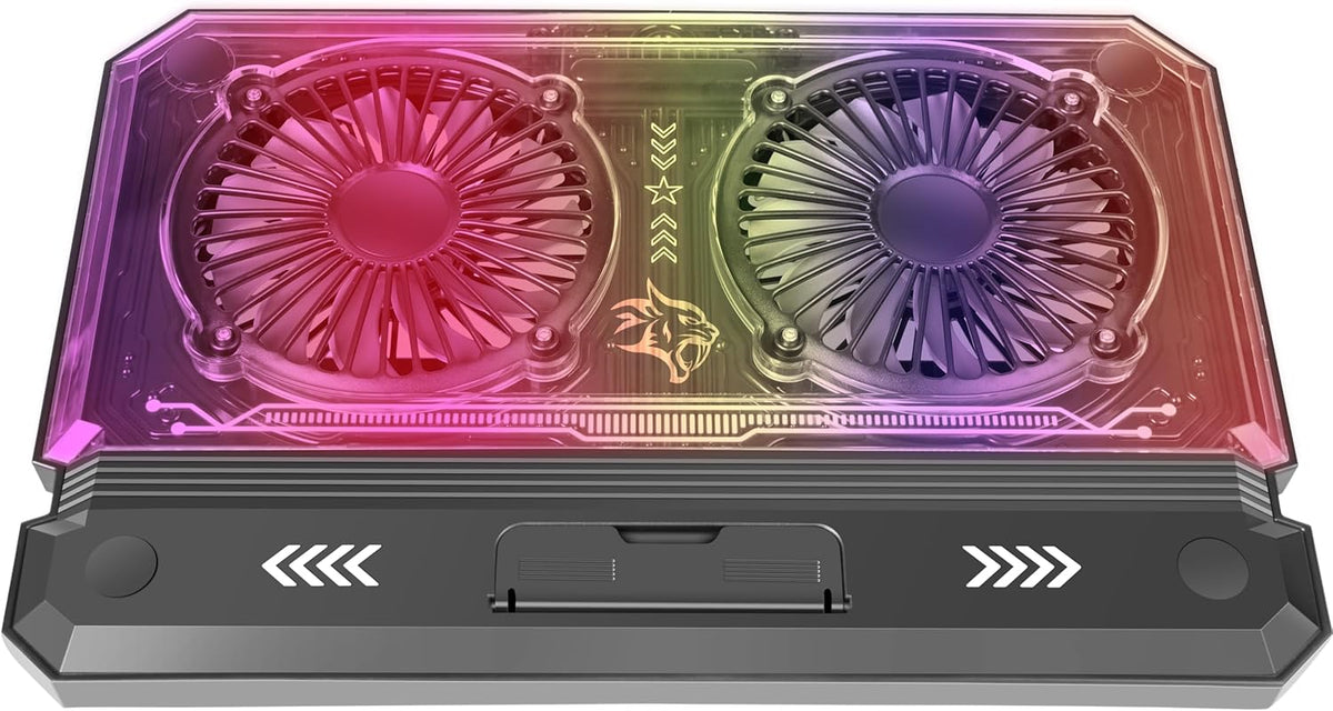 Gaming Crystal Shell Laptop Cooling Pad with Phone Holder, Dual High-Speed Fans, 8-Level Adjustable Height, RGB Lighting, Anti-Slip Base, USB-A & USB-C Ports – Black (for 10-17” Laptops)