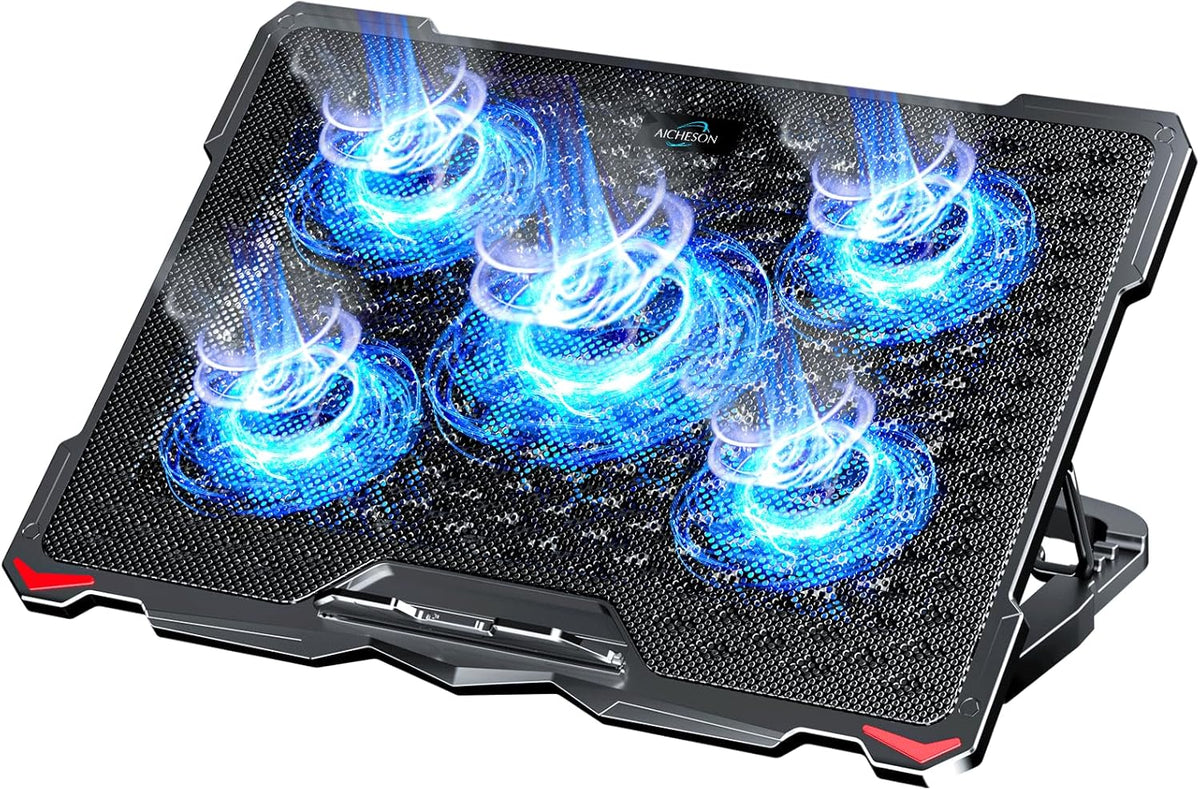 AICHESON Laptop Cooling Pad 5 Fans Up to 17.3 Inch Heavy Notebook Cooler, Blue LED Lights, 2 USB Ports, S035, Blue-5fans