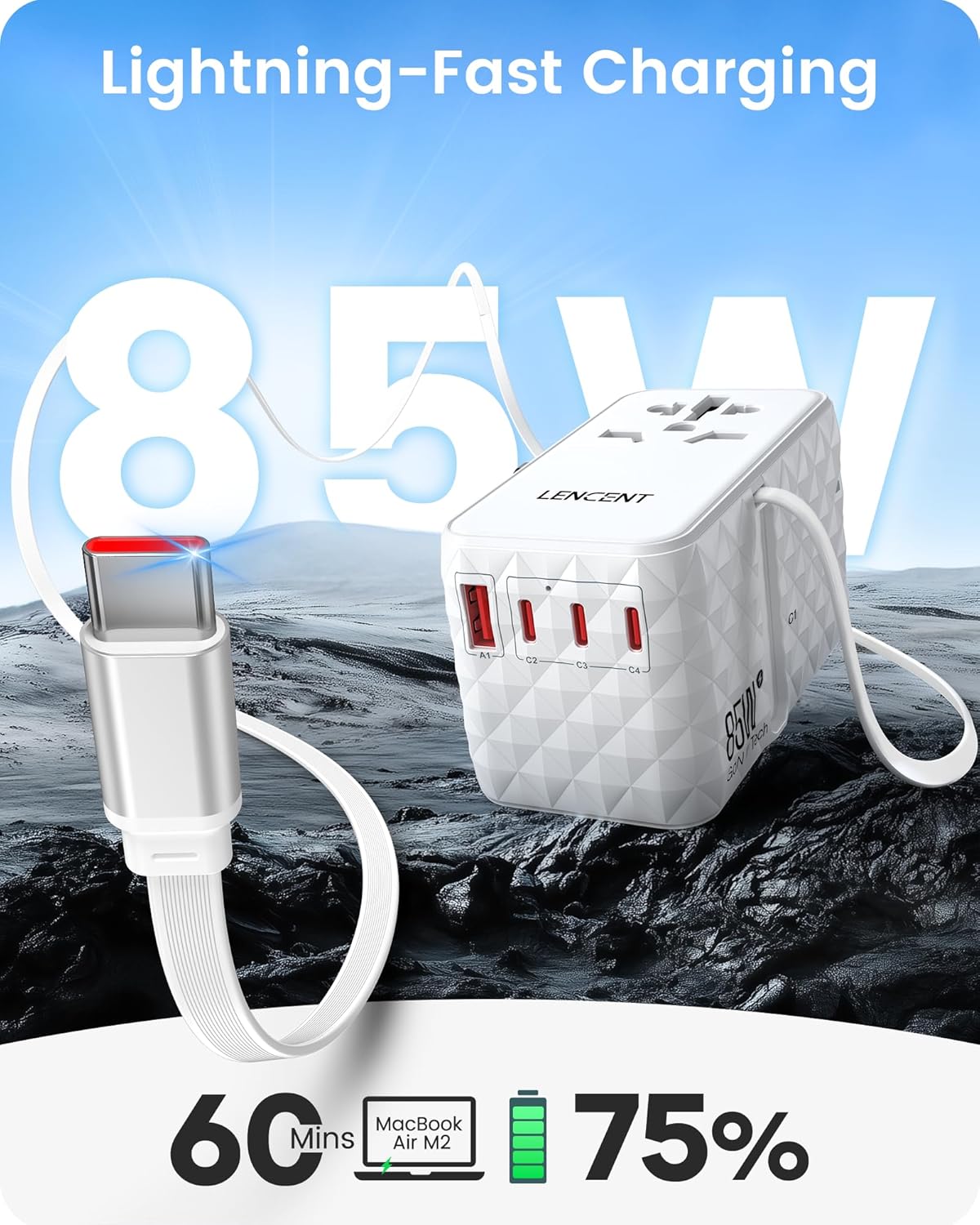 LENCENT 85W Universal Travel Power Adapter with Retractable USB C Cable, GaN International Travel Adapter with 1 USB-A & 3 Type C Fast Charging, Worldwide Plug Adaptor for US to EU UK Type C/G/A/I