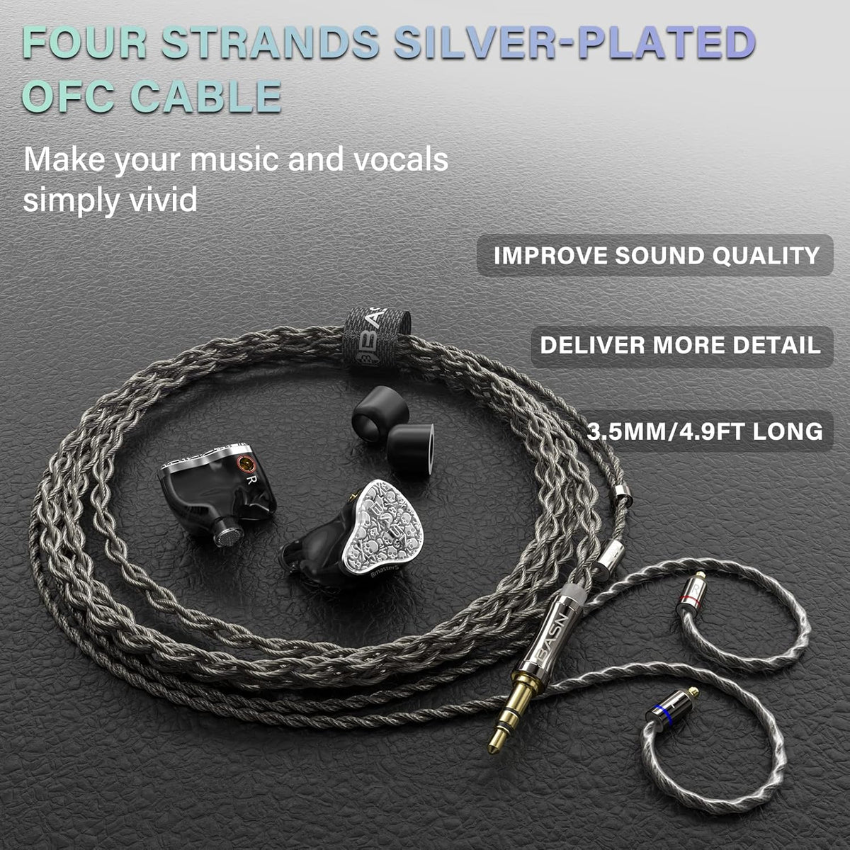 BASN Bmaster5 in Ear Monitors, 1DLC Diaphragm+4BA 5 Drivers IEM Earphones with Silver-Plated OFC Cable, Noise Isolation Wired Earbuds for Musicians (Silver)