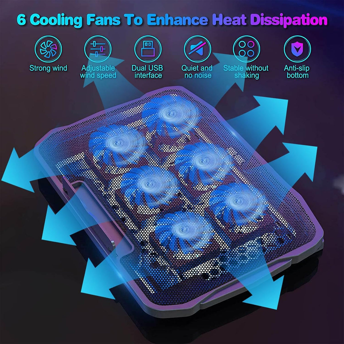 Adjustable Laptop Stand with 6 Quiet Cooling Fans, Upgraded Laptop Cooler Cooling Pad, Aluminum Laptop Stand for Desk Foldable, Ergonomic Computer Notebook Stand Holder for All Laptops and Notebook