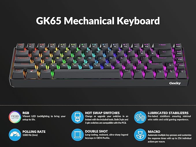 Geeky GK65 65% | Hot Swappable Mechanical Gaming Keyboard | 68 Keys Multi Color RGB LED Backlit for PC/Mac Gamer | ANSI US American Layout (Black Mechanical Red)