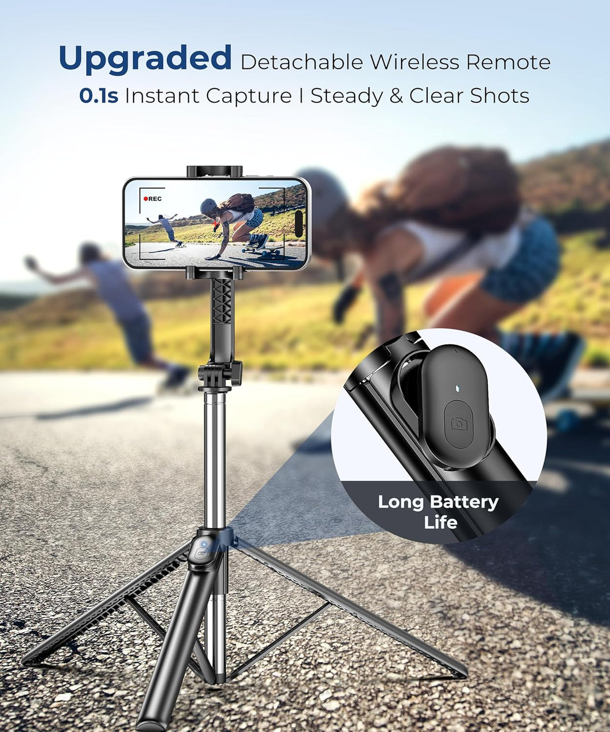67‘’ Selfie Stick Travel Tripod, Extendable Tripod for iPhone with Wireless Remote Control and Phone Holder, iPhone Stand for Photograph, Compatible with All Cell Phones, Black