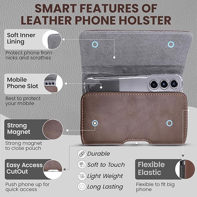 Wireless City Large Leather Phone Holster for iPhone 16/15/14 Plus, iPhone Air 2025, 11 Pro Max, XS Max, Horizontal Belt Clip & Loop Phone Pouch, Magnetic Closure Belt Holder for Men & Women (Brown)