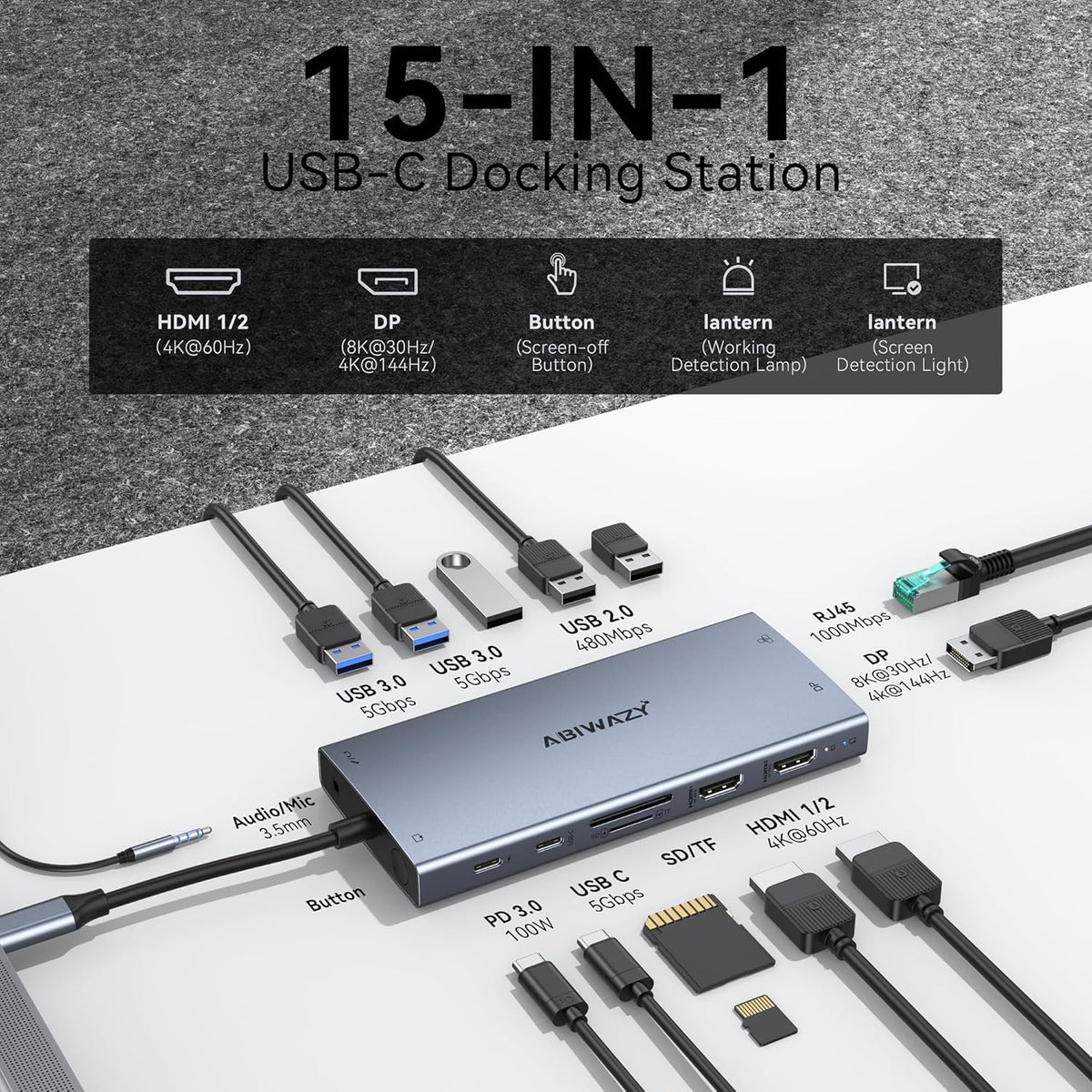 USB C Docking Station Dual Monitor for Dell XPS/HP/Lenovo/Surface, 15 in 1 USB-C Hub 3 Monitor Adapter, Dock with 8K DisplayPort, 2 HDMI 4K@60Hz, 6 USB A/C, 100W PD, Ethernet, SD/MicroSD